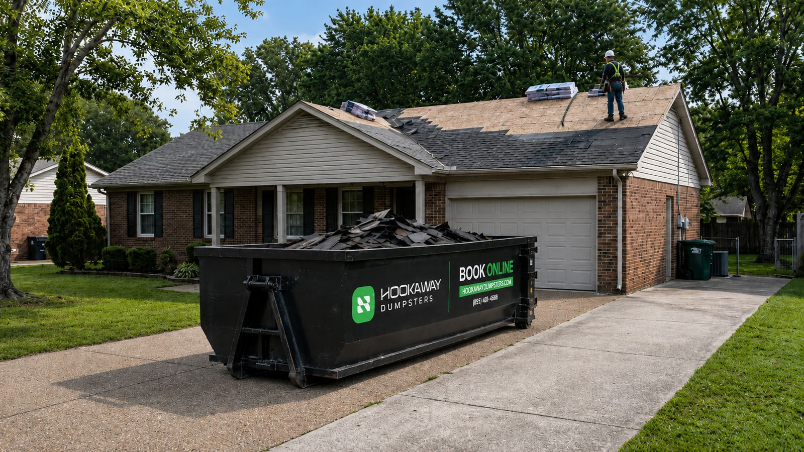 Hookaway dumpster at a roofing project